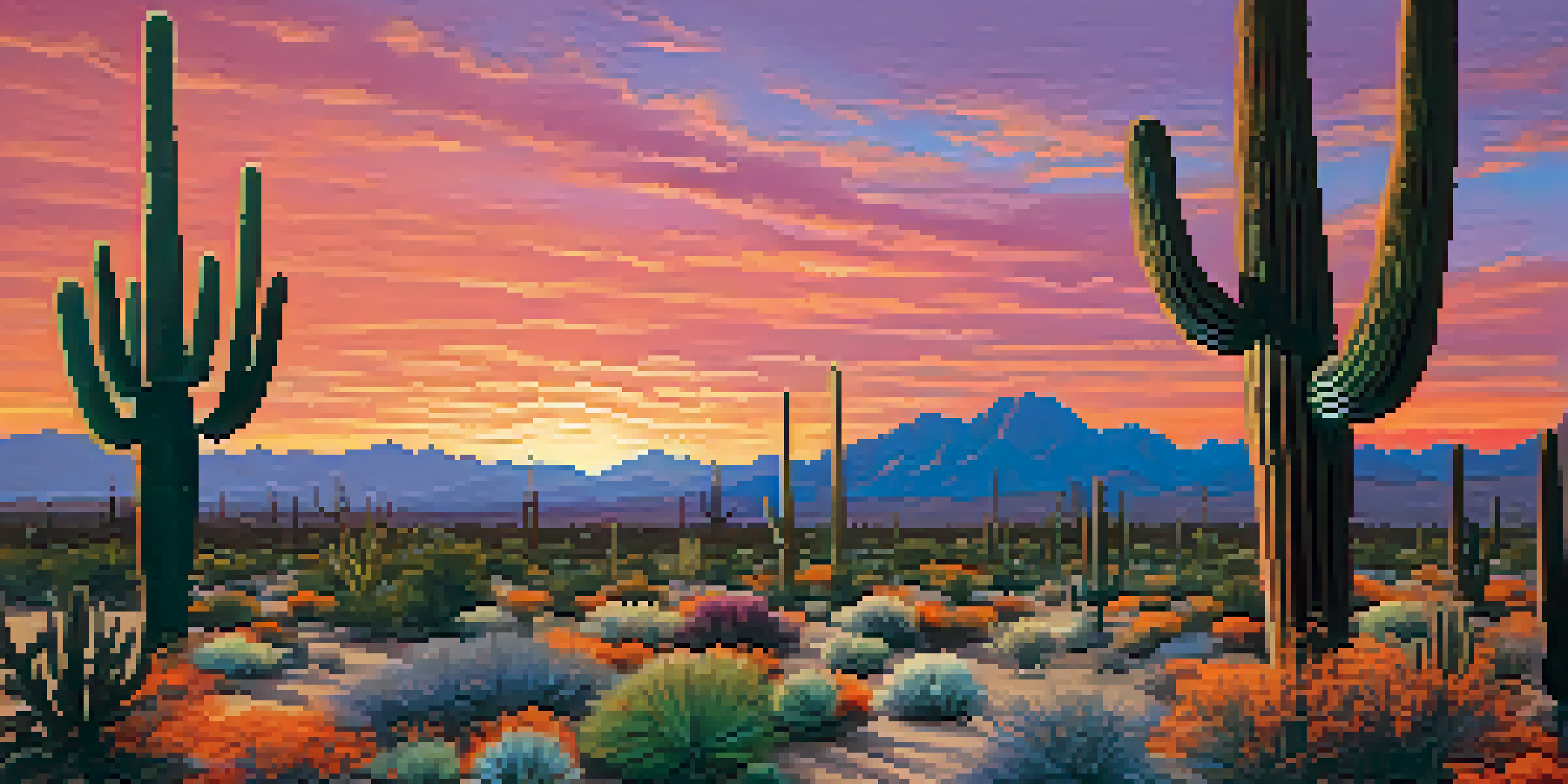A sunset view of Tucson's desert landscape with Saguaro cacti and colorful sky.