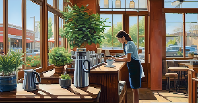 A barista pouring coffee into a mug in a cozy coffee shop with warm wooden decor and plants.