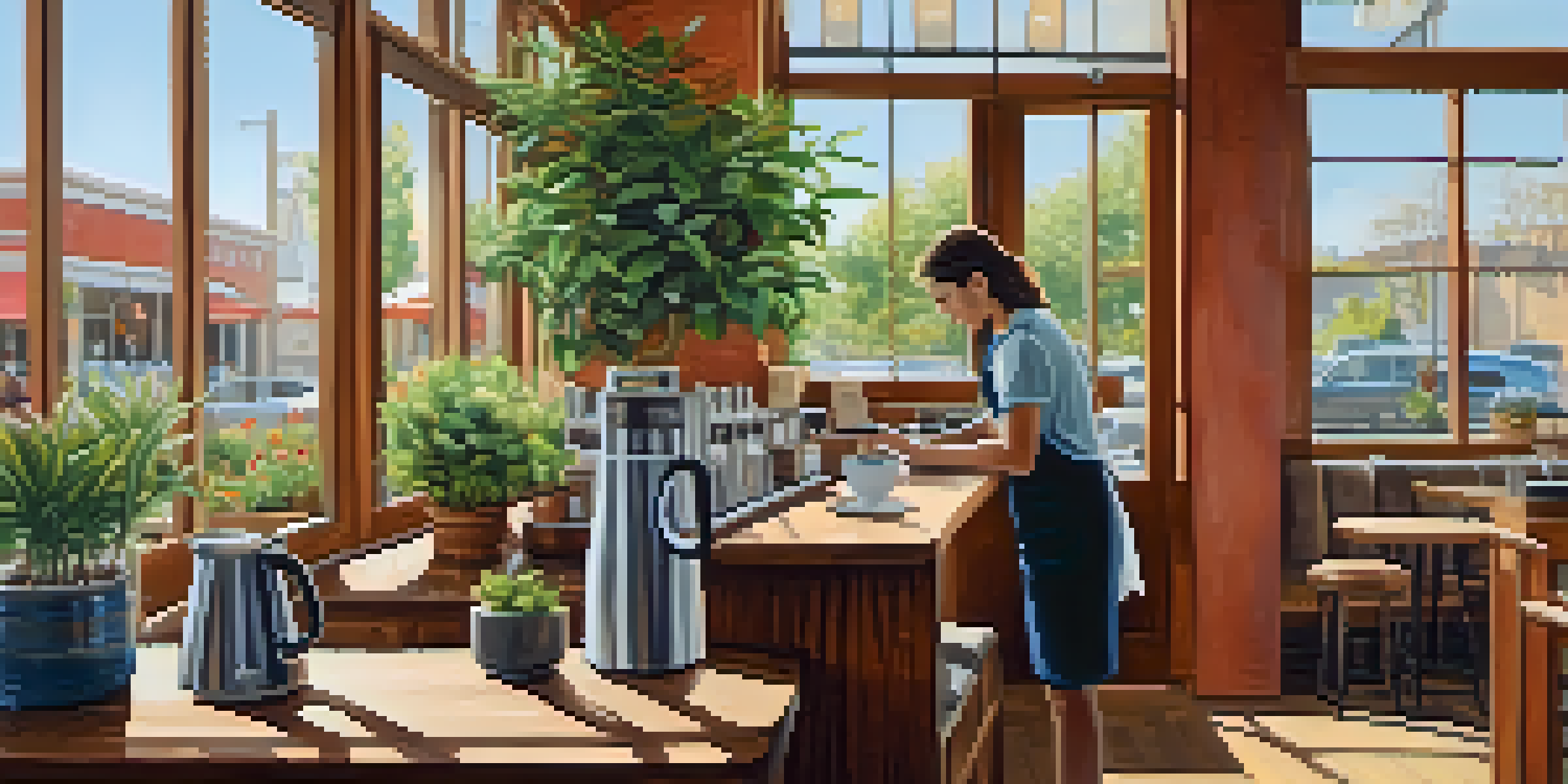 A barista pouring coffee into a mug in a cozy coffee shop with warm wooden decor and plants.