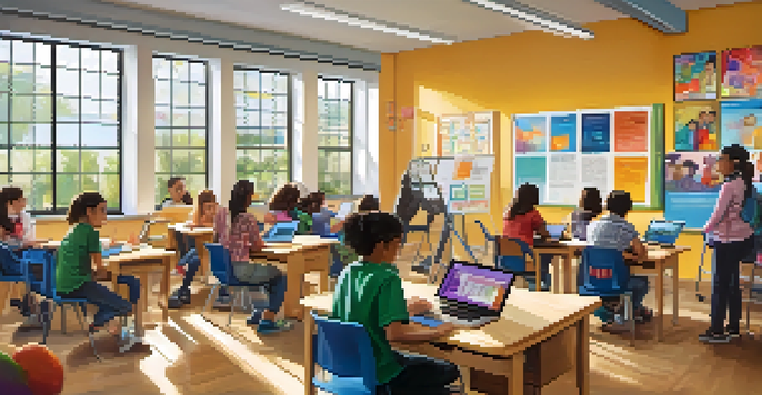 A diverse group of students in a colorful classroom, using tablets and assistive technology tools.