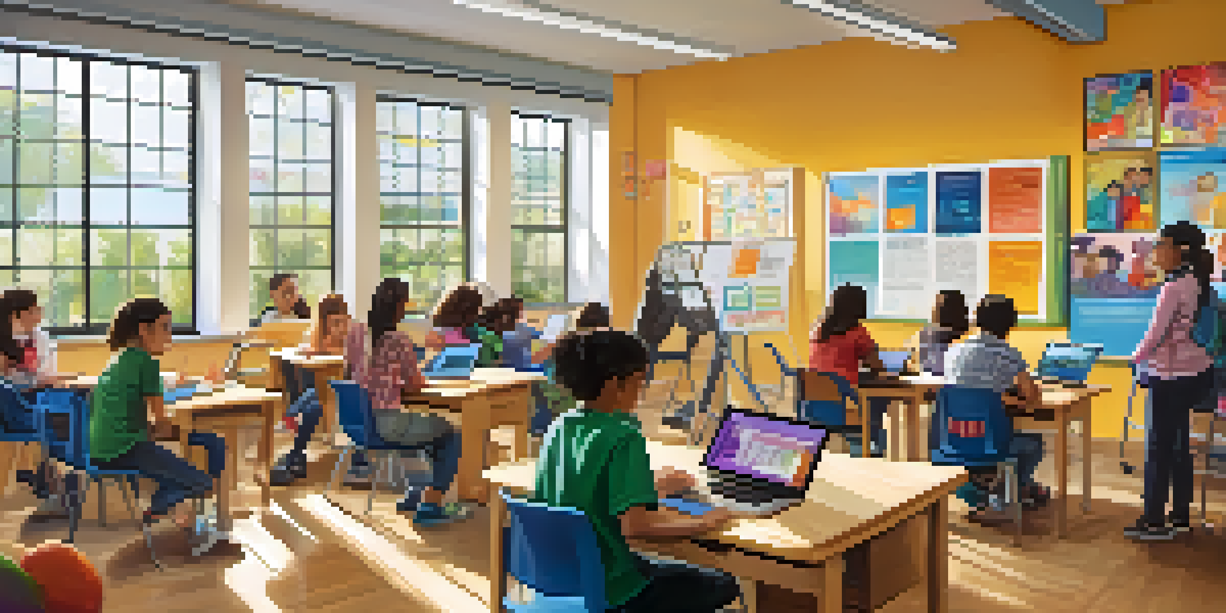 A diverse group of students in a colorful classroom, using tablets and assistive technology tools.