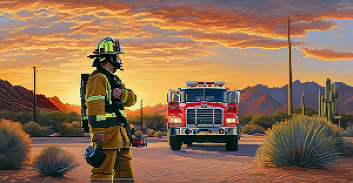 A firefighter in full gear stands in front of a fire engine at sunset, with cacti in the desert background.
