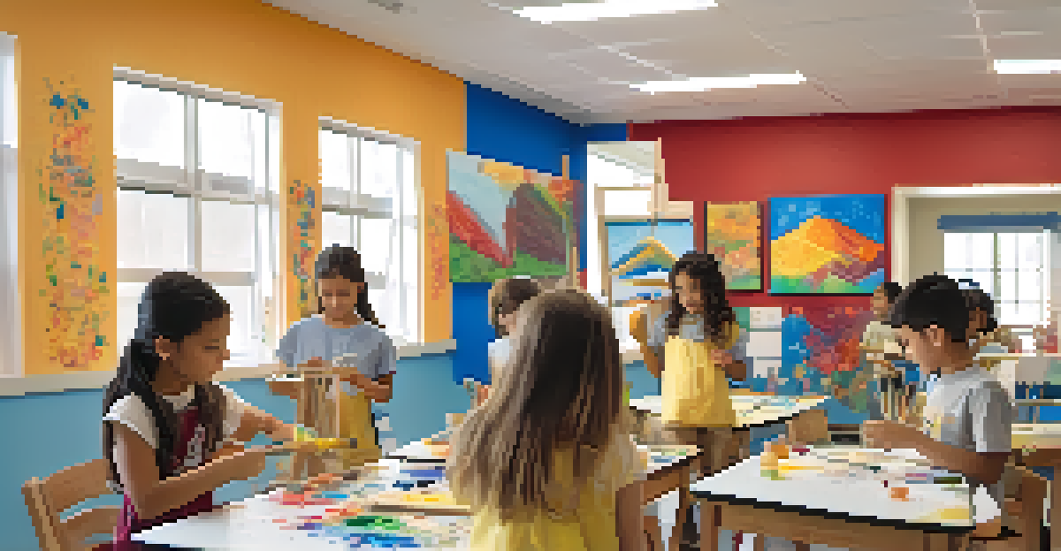 Children in a classroom working on an art project, surrounded by their colorful artwork and natural light.