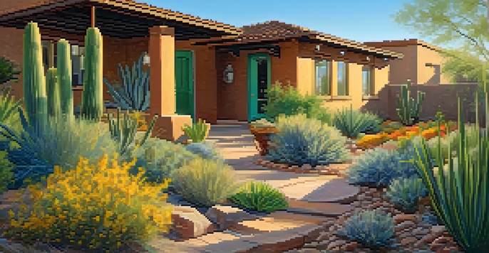 A Tucson backyard showcasing a rainwater harvesting system with decorative rain barrels and a xeriscaped garden filled with native plants, illuminated by warm sunlight.