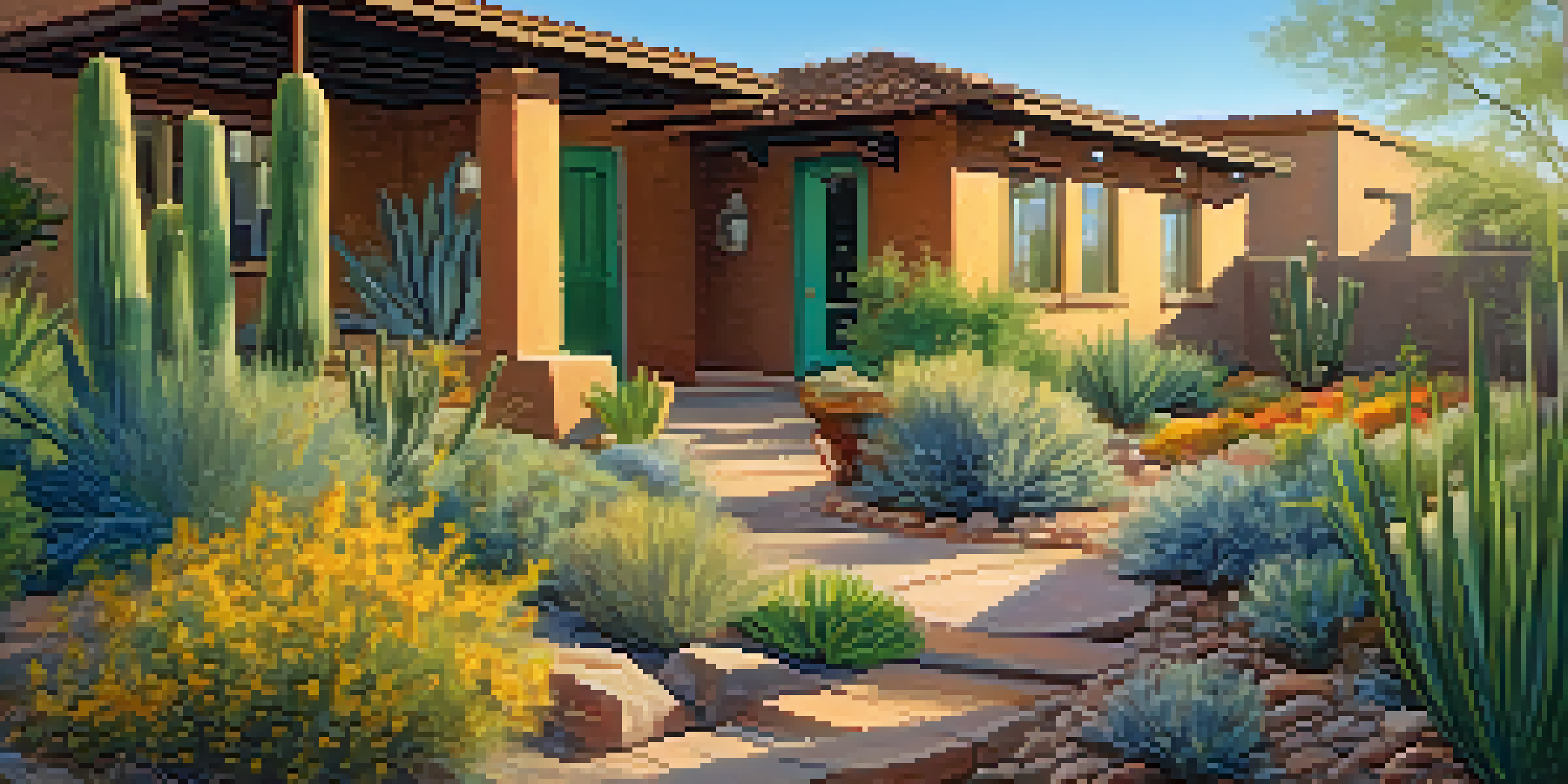A Tucson backyard showcasing a rainwater harvesting system with decorative rain barrels and a xeriscaped garden filled with native plants, illuminated by warm sunlight.