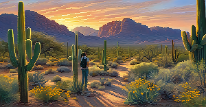 A group of students observing desert plants and wildlife during sunset in the Sonoran Desert.
