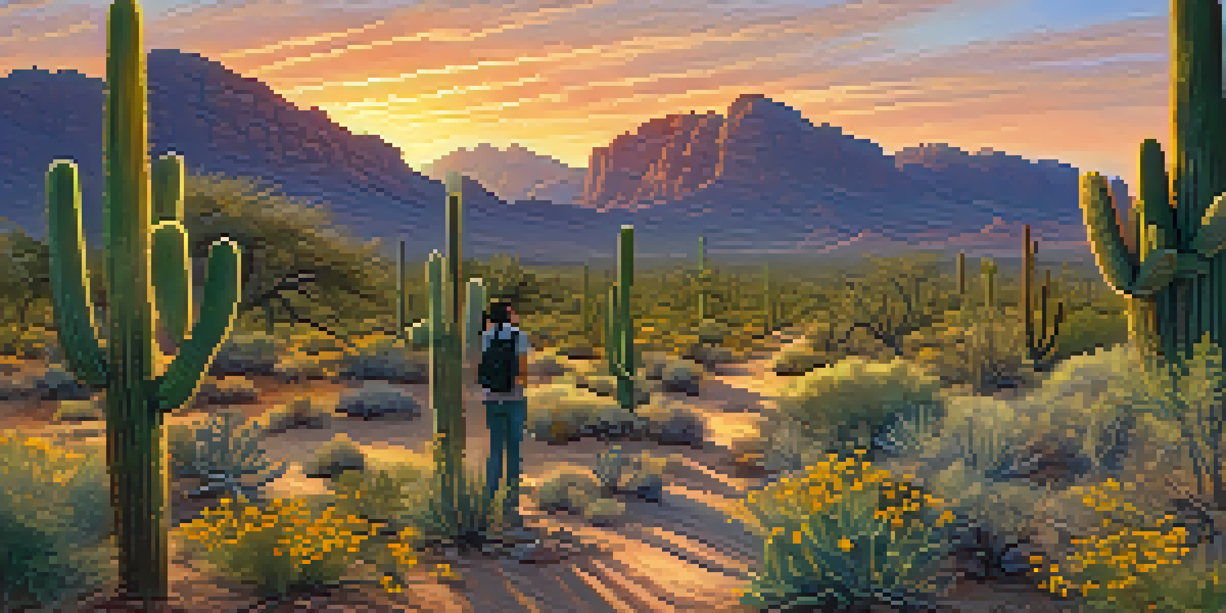 A group of students observing desert plants and wildlife during sunset in the Sonoran Desert.
