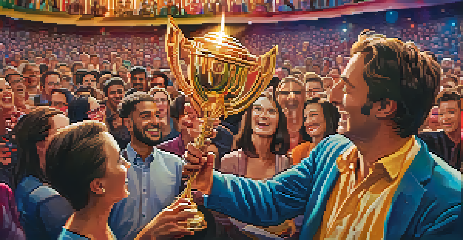 A close-up of a filmmaker joyfully holding an award trophy at Tucson's film festival, with a cheering audience in the blurred background.
