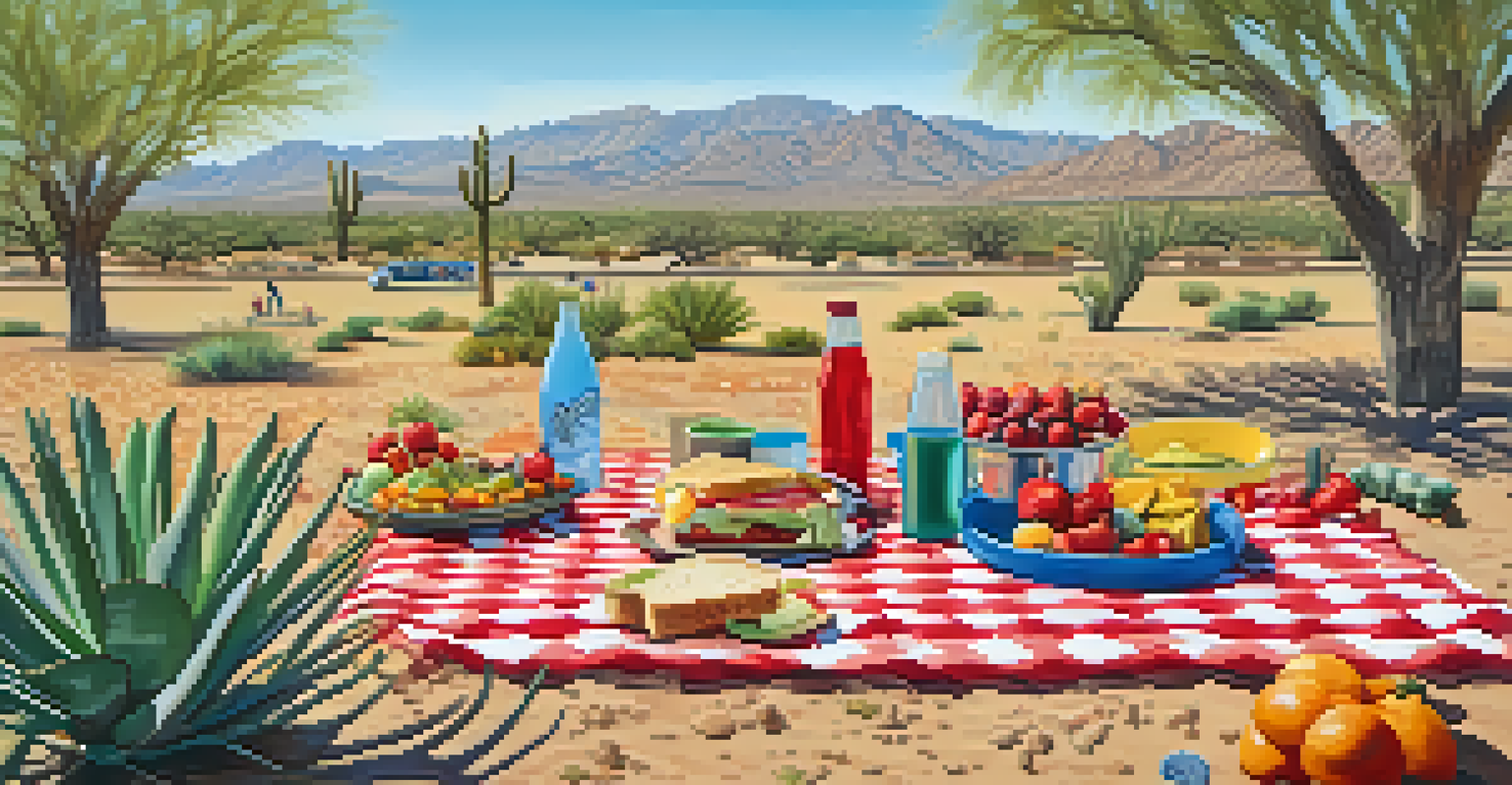 A picnic setup in a park with children playing nearby, surrounded by the Sonoran Desert landscape.