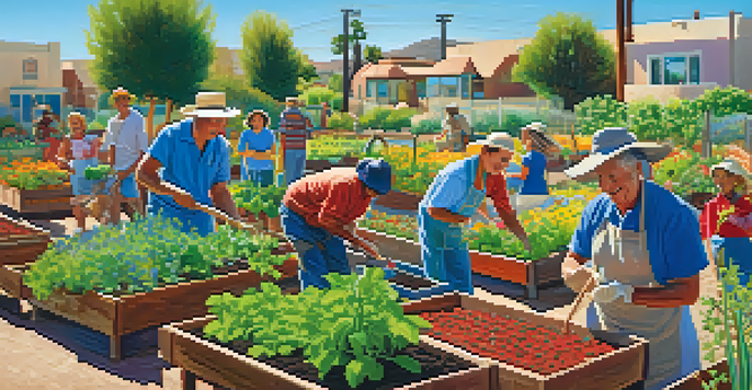 A lively community garden in Tucson with diverse individuals planting vegetables under a clear blue sky, surrounded by colorful plants.