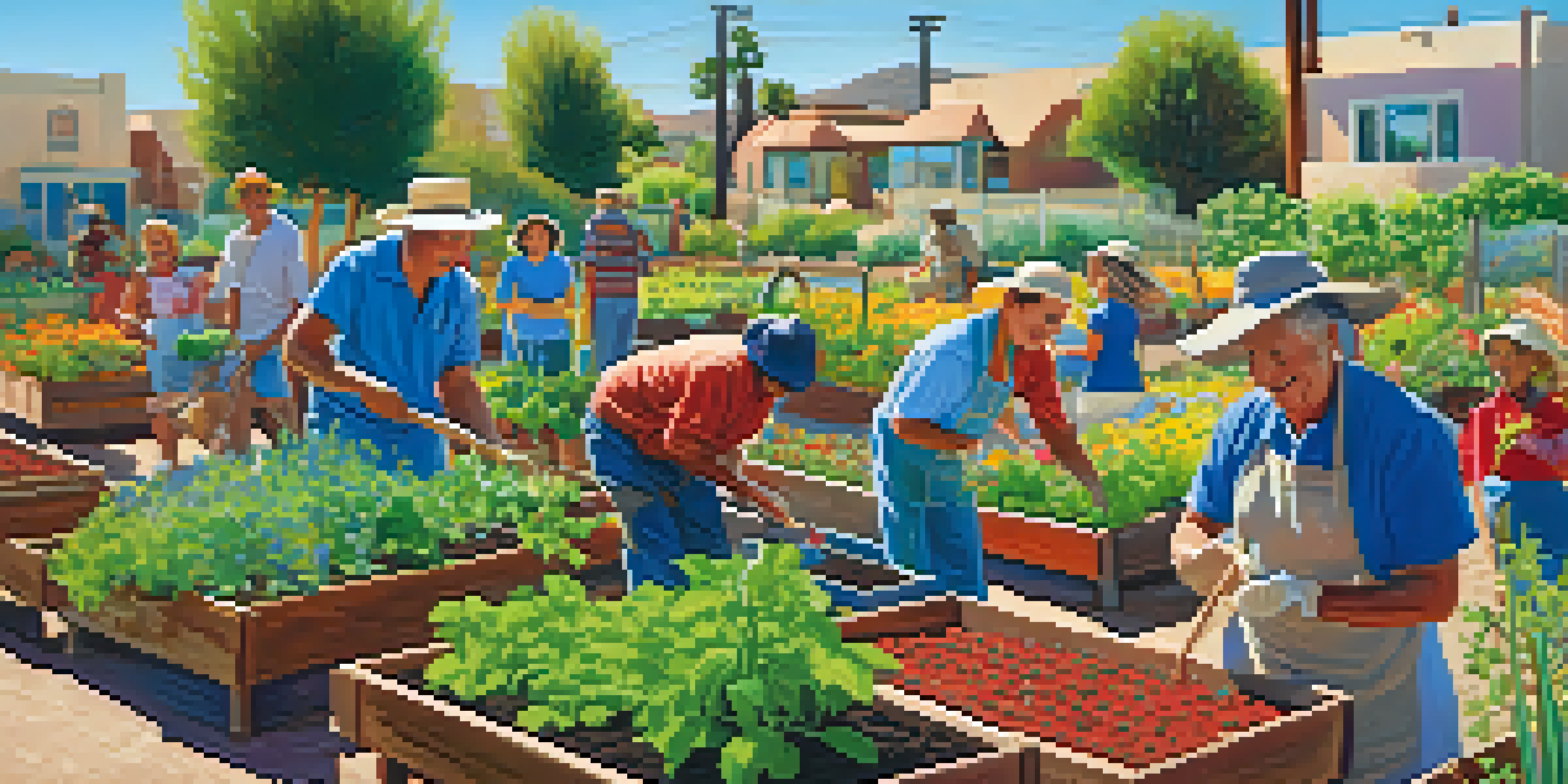 A lively community garden in Tucson with diverse individuals planting vegetables under a clear blue sky, surrounded by colorful plants.