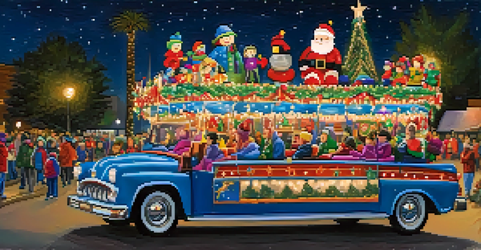 A lively parade scene with illuminated floats and happy families enjoying the festive atmosphere.