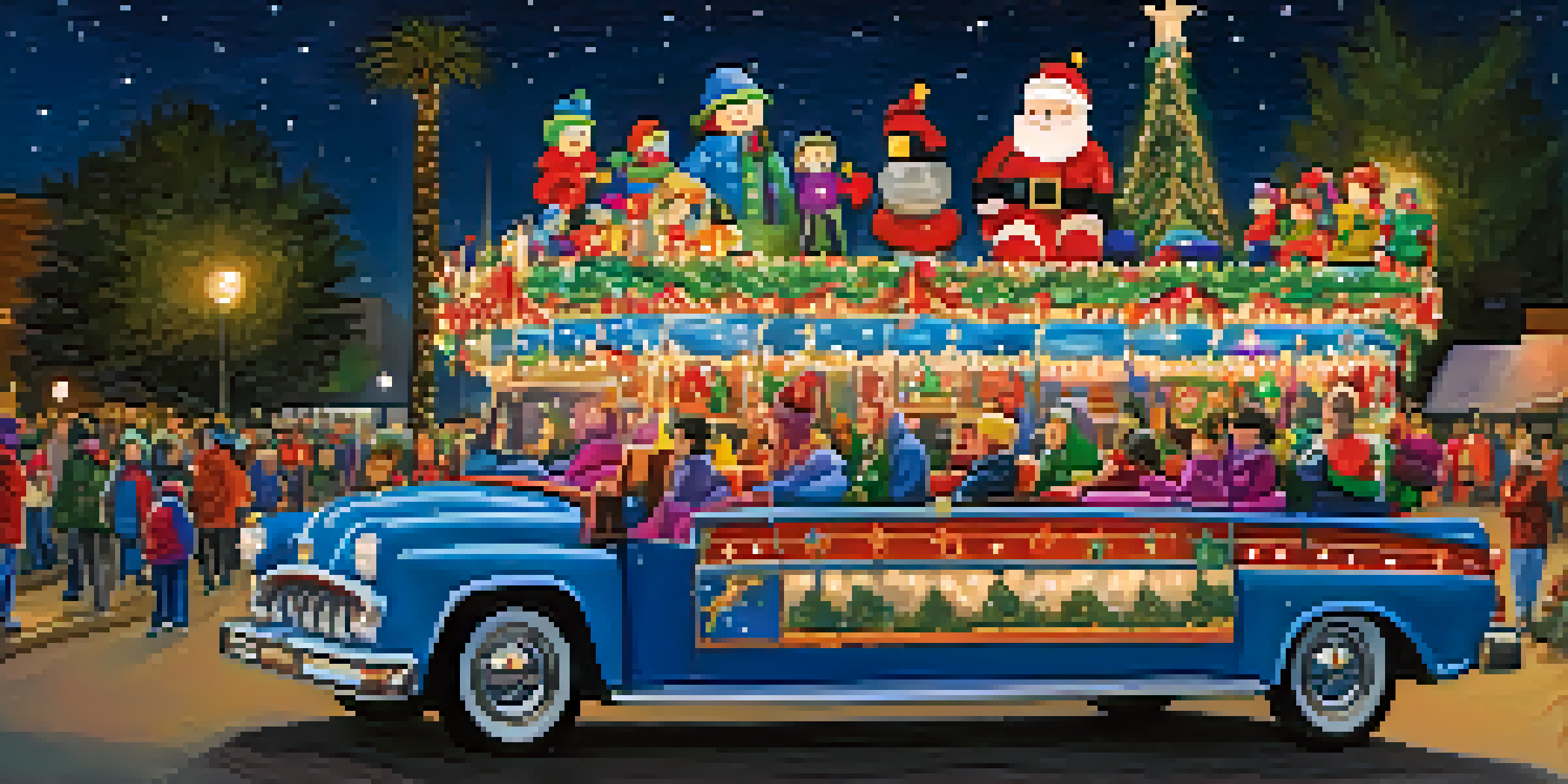 A lively parade scene with illuminated floats and happy families enjoying the festive atmosphere.