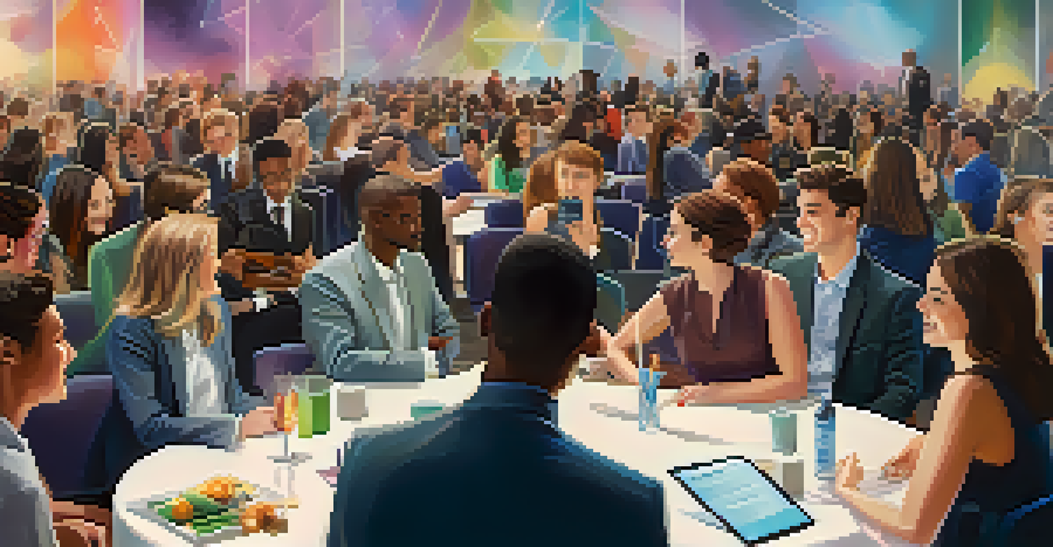 A networking event in an auditorium where diverse students and industry professionals are interacting and engaging in discussions about STEM careers.