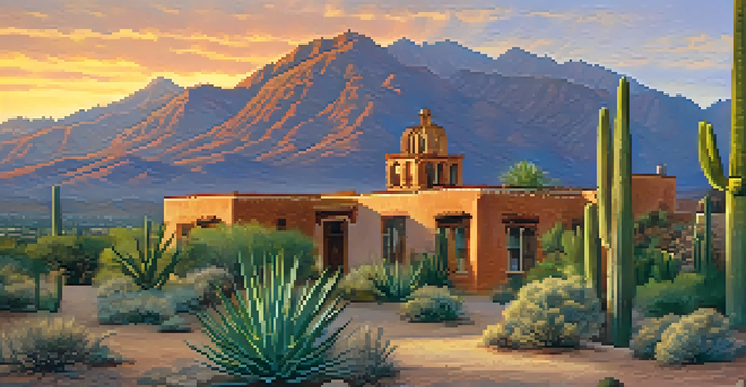 A panoramic view of Tucson, Arizona, featuring the Sonoran Desert landscape with mountains and adobe structures under a sunset.