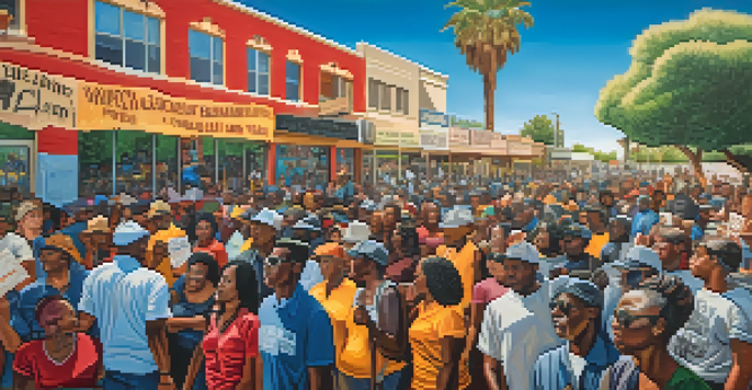A colorful mural representing Tucson's Civil Rights Movement, illustrating activists in a peaceful protest with signs for equality.
