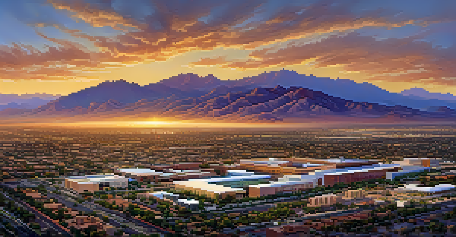 Aerial view of Tucson, featuring the University of Arizona campus with mountains and a sunset in the background.