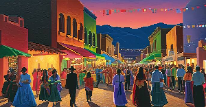 A lively street scene showcasing the All Souls Procession in Tucson, with participants in traditional attire holding candles, surrounded by colorful decorations.