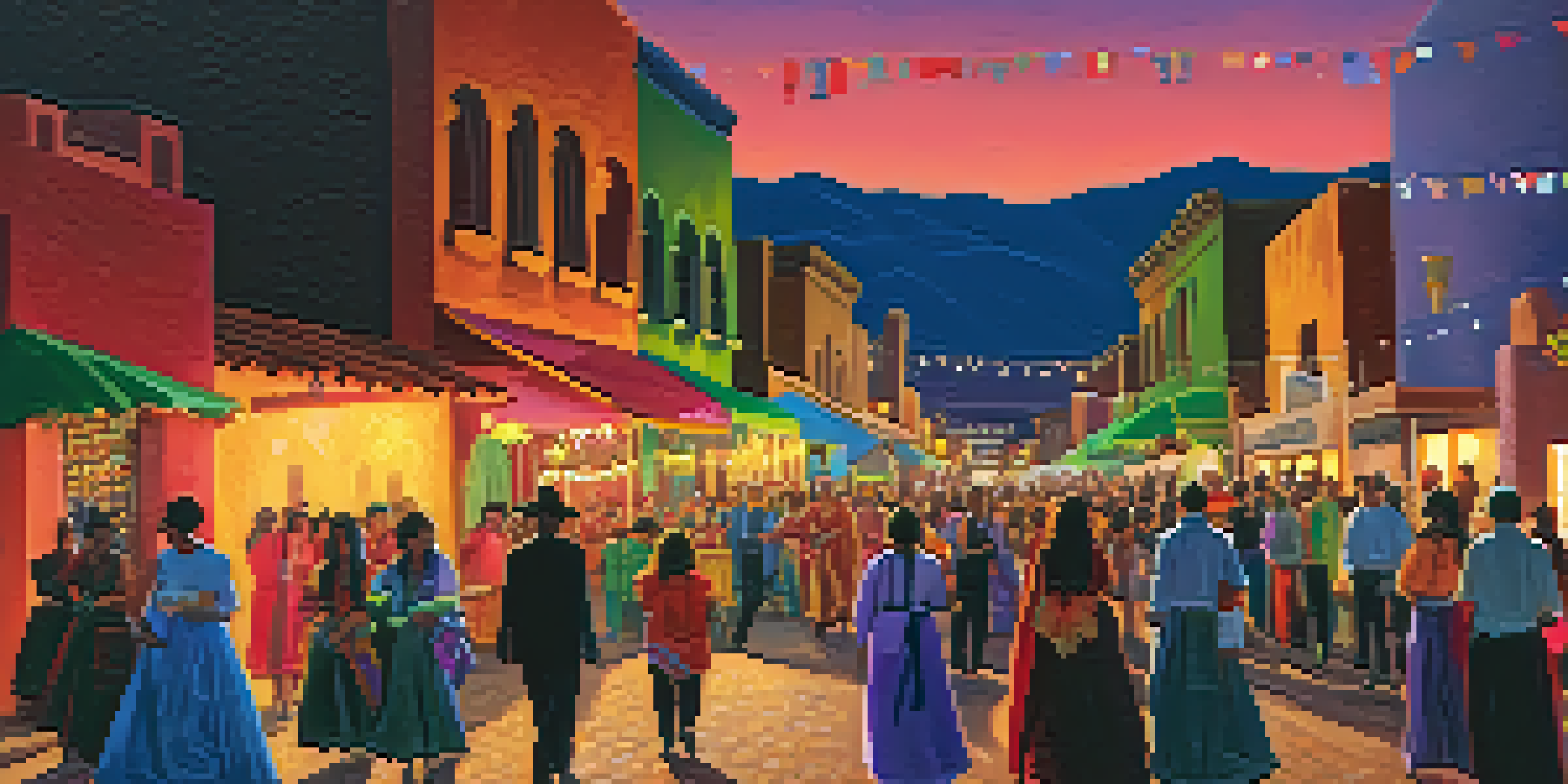A lively street scene showcasing the All Souls Procession in Tucson, with participants in traditional attire holding candles, surrounded by colorful decorations.