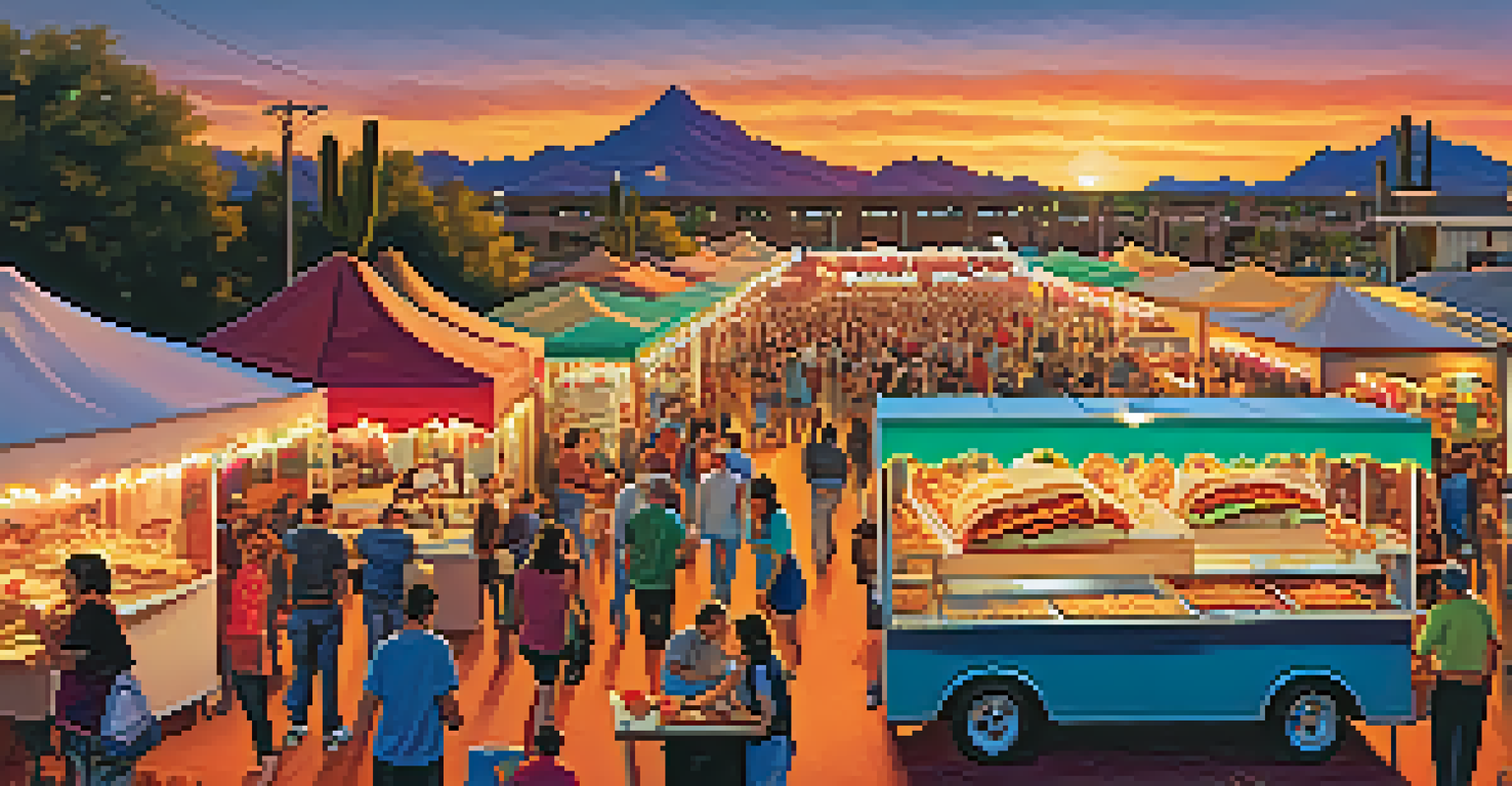 A vibrant food festival scene in Tucson with food trucks serving local dishes, attendees enjoying the flavors, and colorful decorations under a setting sun.