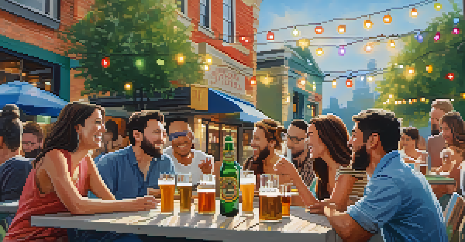 Friends enjoying craft beer at an outdoor picnic table adorned with a colorful mural and string lights.