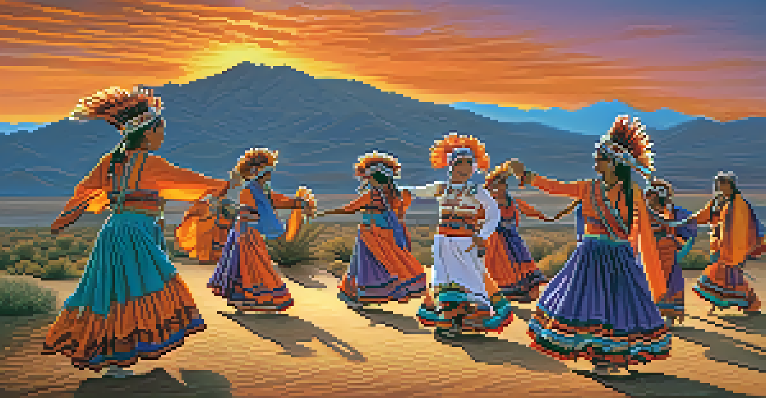 Pascua Yaqui dancers in traditional attire performing a cultural dance against a sunset-lit desert background.