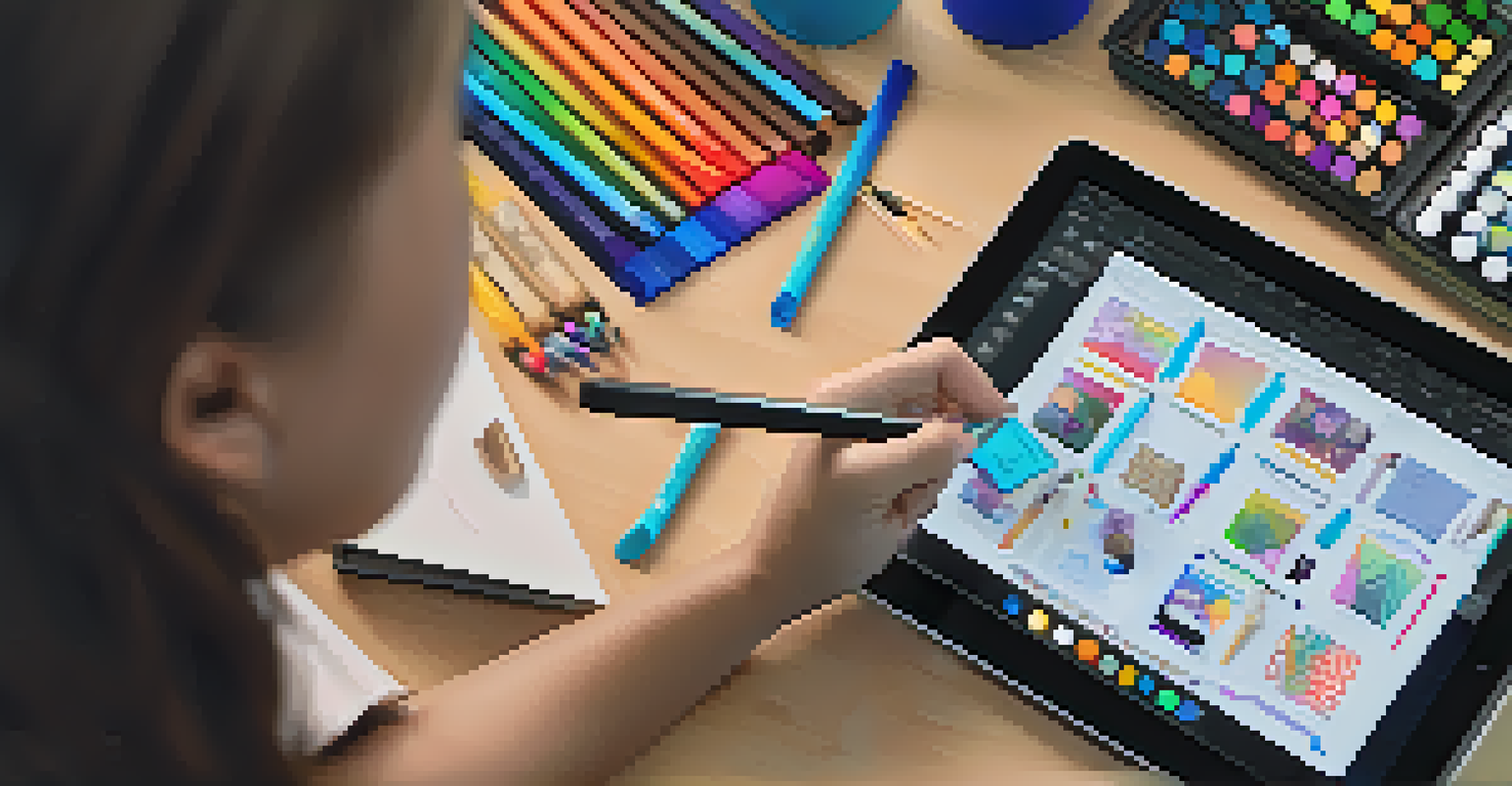 A focused student using digital art software on a tablet, surrounded by art supplies and creative sketches.