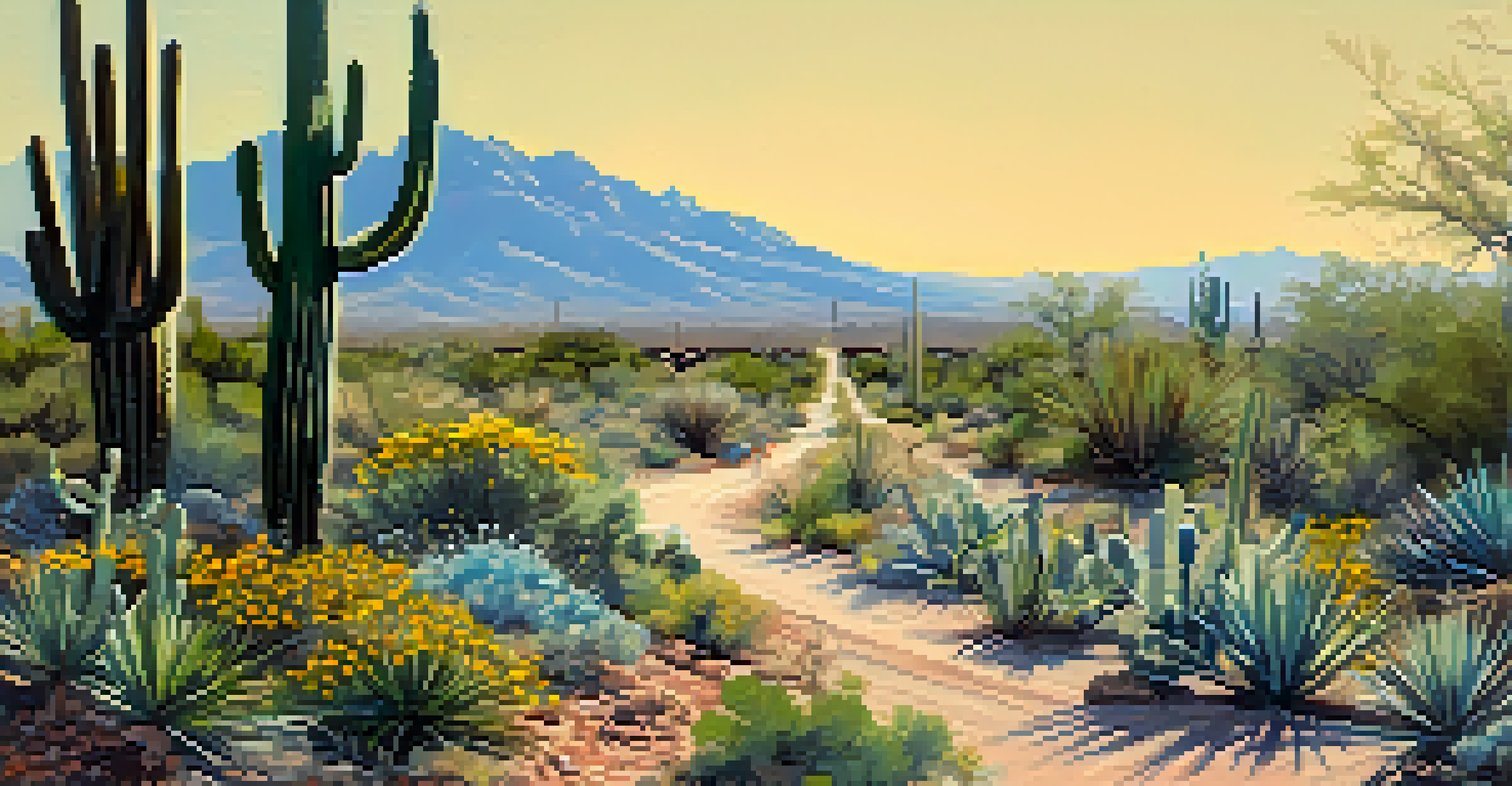 A modern recreational trail in Tucson, showing cyclists and joggers along a path with desert plants and old railroad tracks.