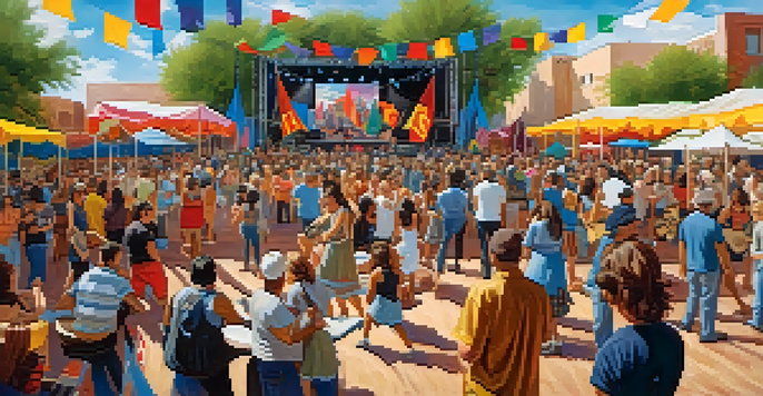 A lively outdoor music festival scene with diverse attendees enjoying live folk music under a sunny sky.