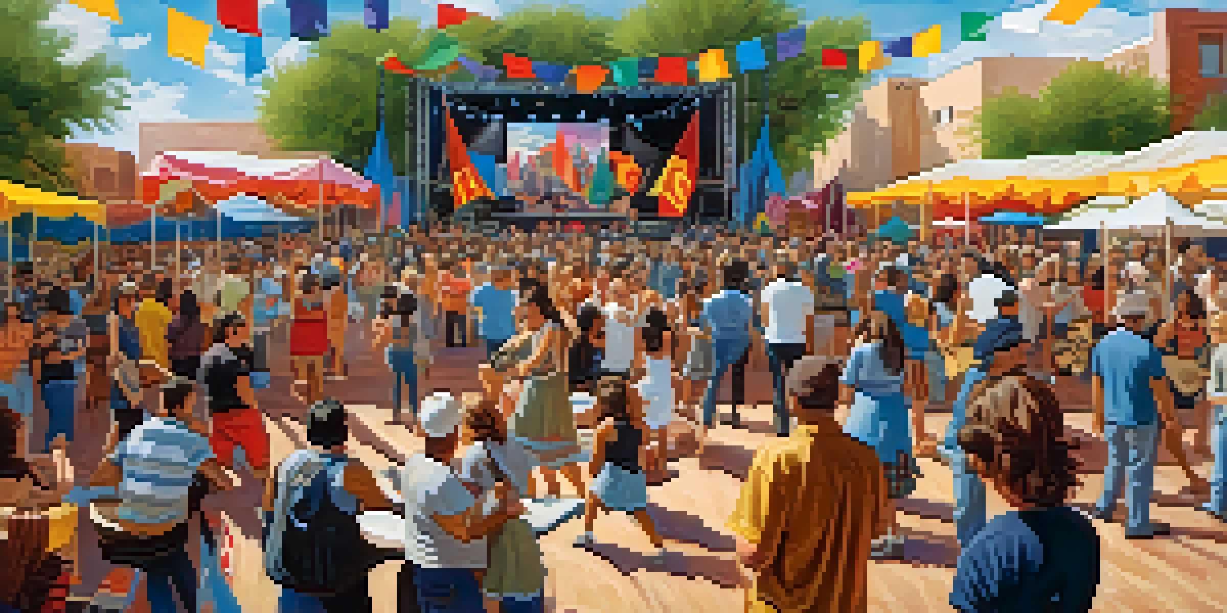 A lively outdoor music festival scene with diverse attendees enjoying live folk music under a sunny sky.