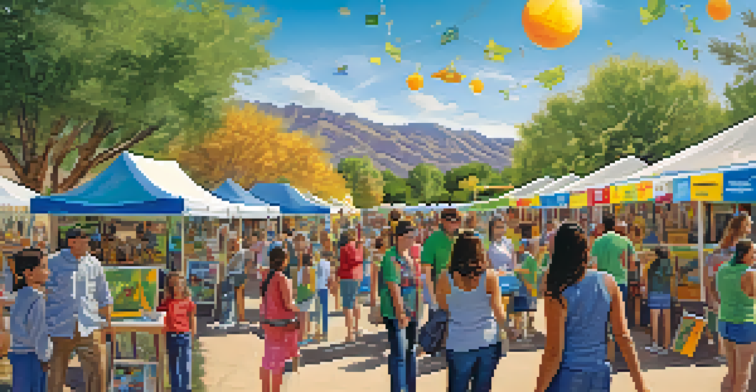 Community event in Tucson promoting solar energy, with families engaging at an informative booth and colorful banners under a sunny sky.