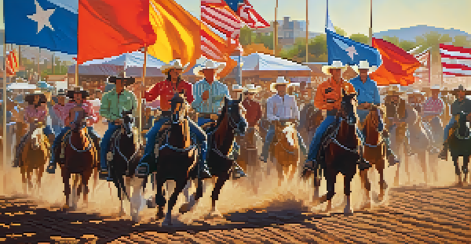 A colorful rodeo grand entrance with cowboys and cowgirls riding horses, surrounded by a cheering crowd under a sunset.