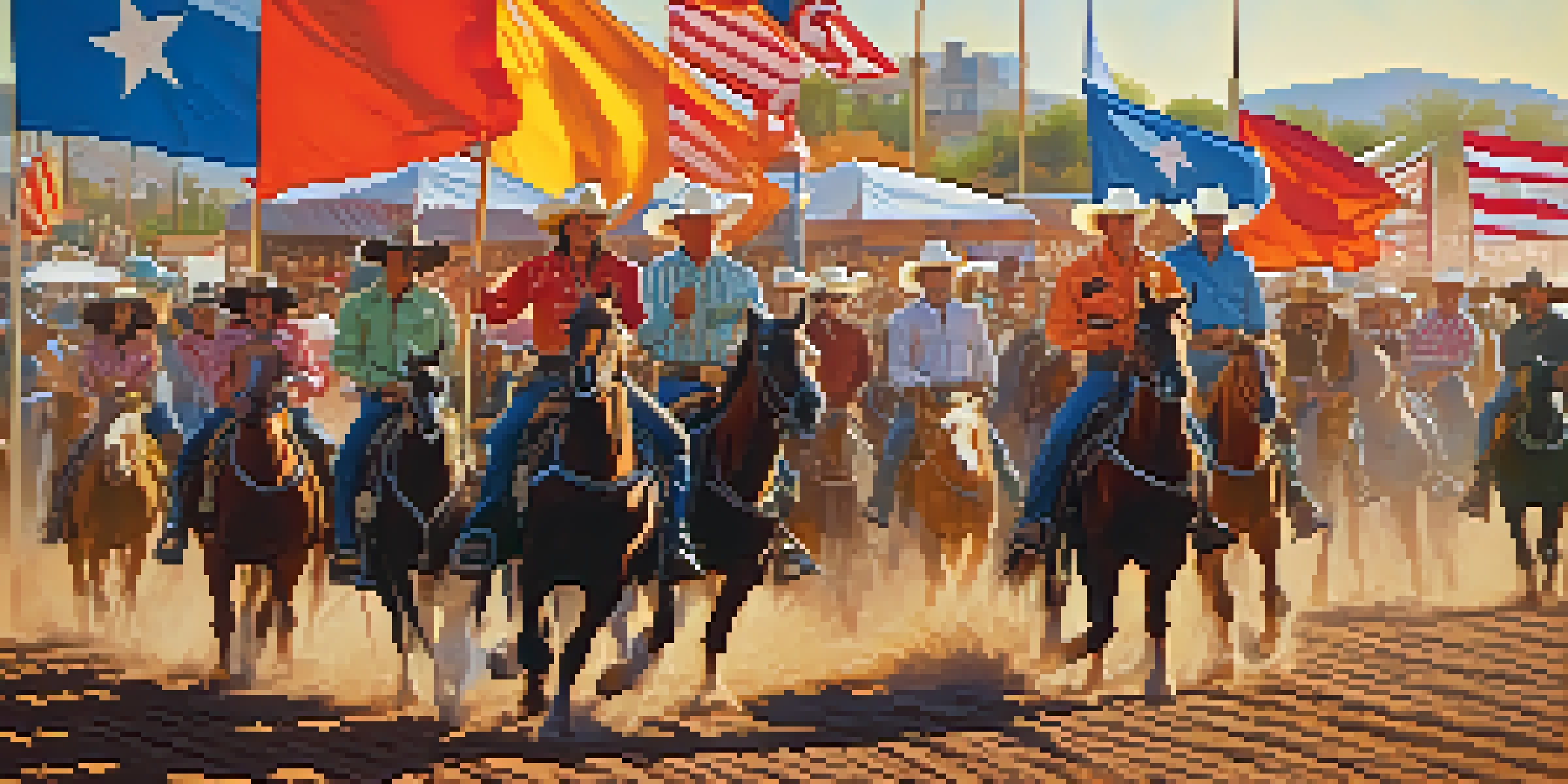 A colorful rodeo grand entrance with cowboys and cowgirls riding horses, surrounded by a cheering crowd under a sunset.