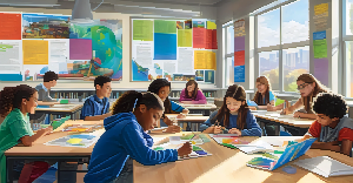 A lively classroom with students working together on a science project, surrounded by colorful educational materials and bright natural light.