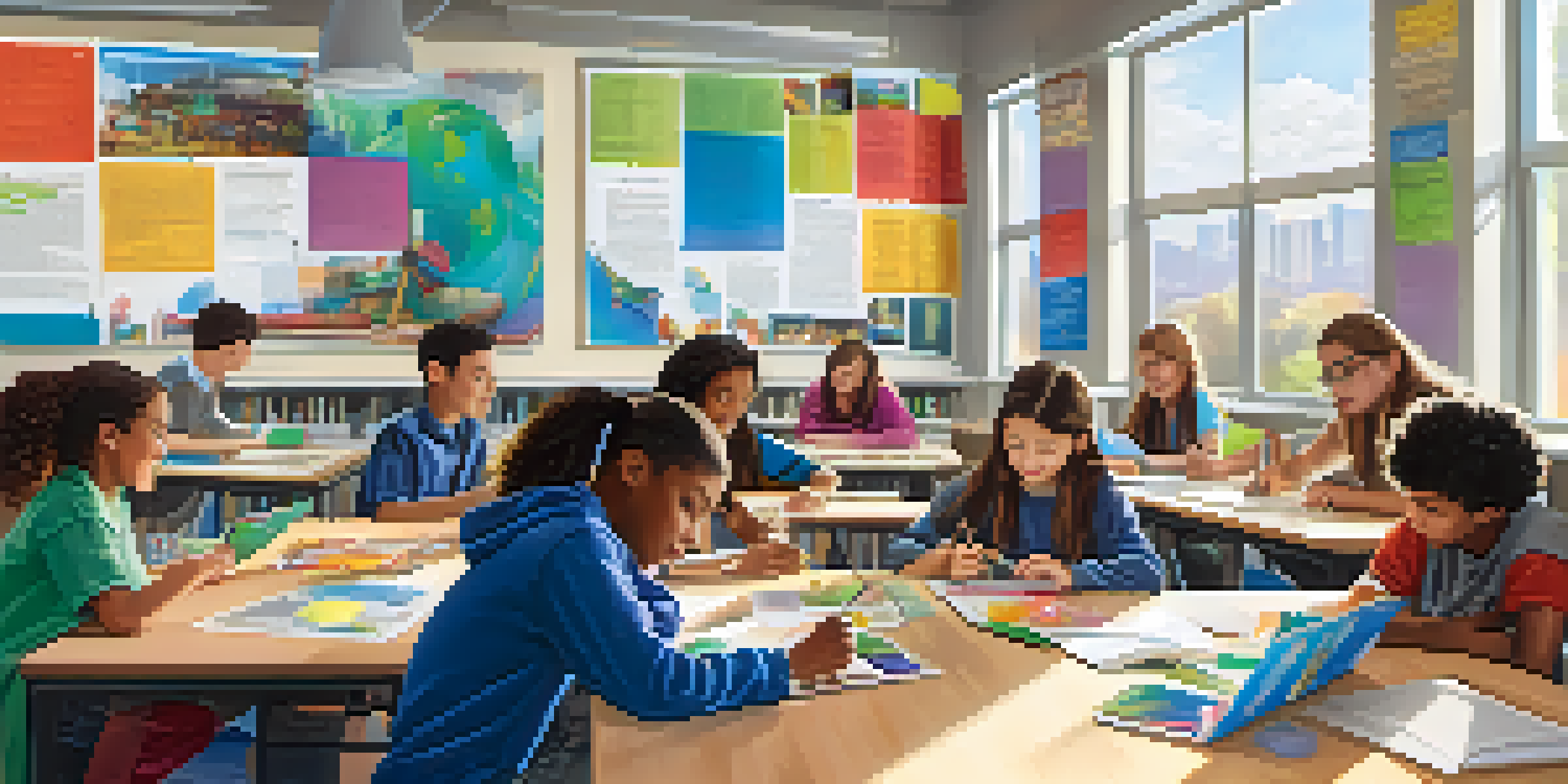 A lively classroom with students working together on a science project, surrounded by colorful educational materials and bright natural light.