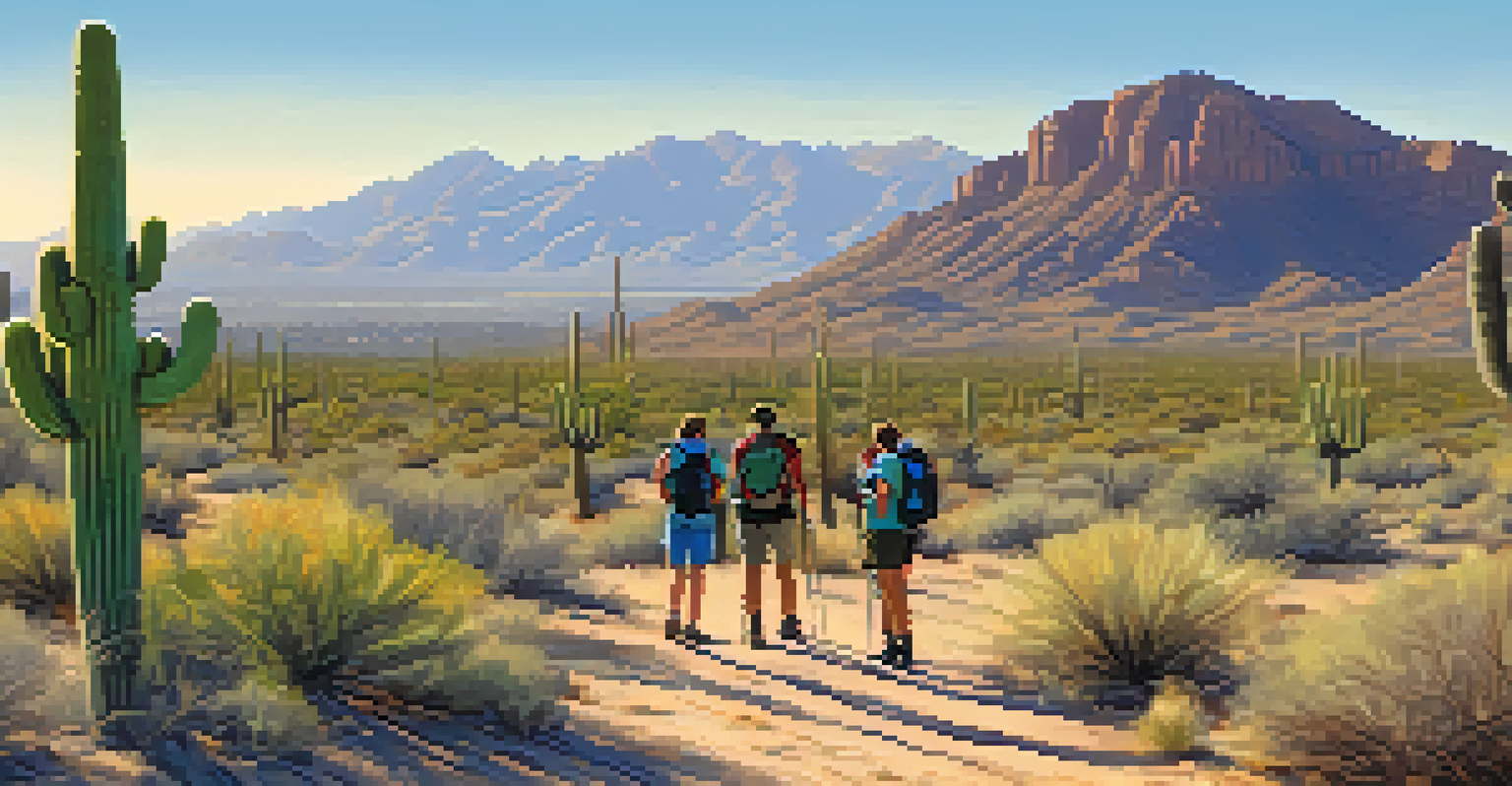 Hikers exploring the Tucson desert, identifying plants and animals with mobile apps, with mountains and cacti in the background.