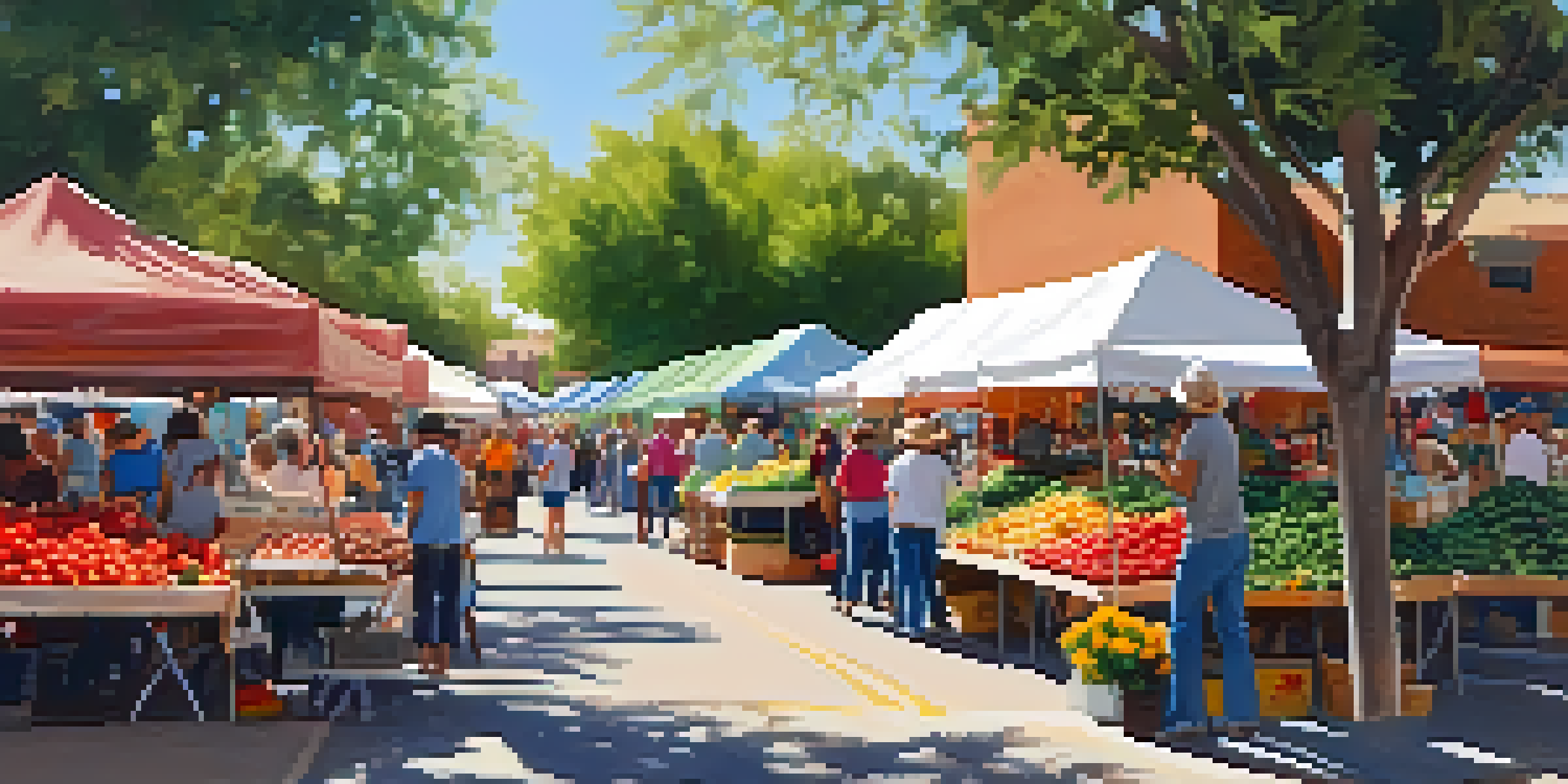 A busy farmers' market in Tucson with colorful stalls offering fresh produce and handmade crafts, families enjoying the atmosphere, and children playing in a sunny outdoor setting.