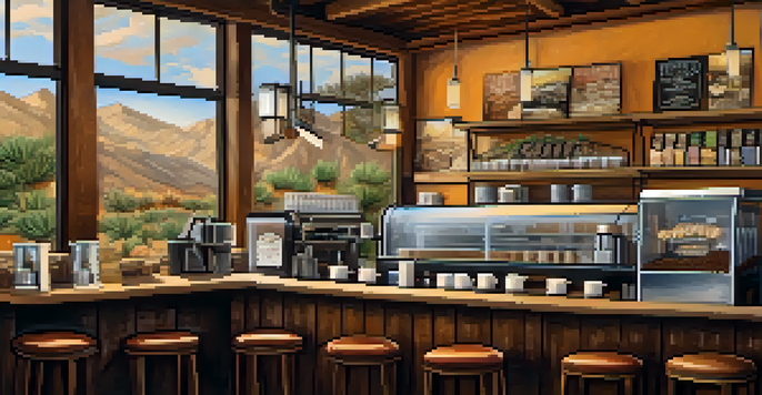 Interior of a cozy artisan coffee shop with wooden tables and local artwork, showcasing a barista pouring latte art.