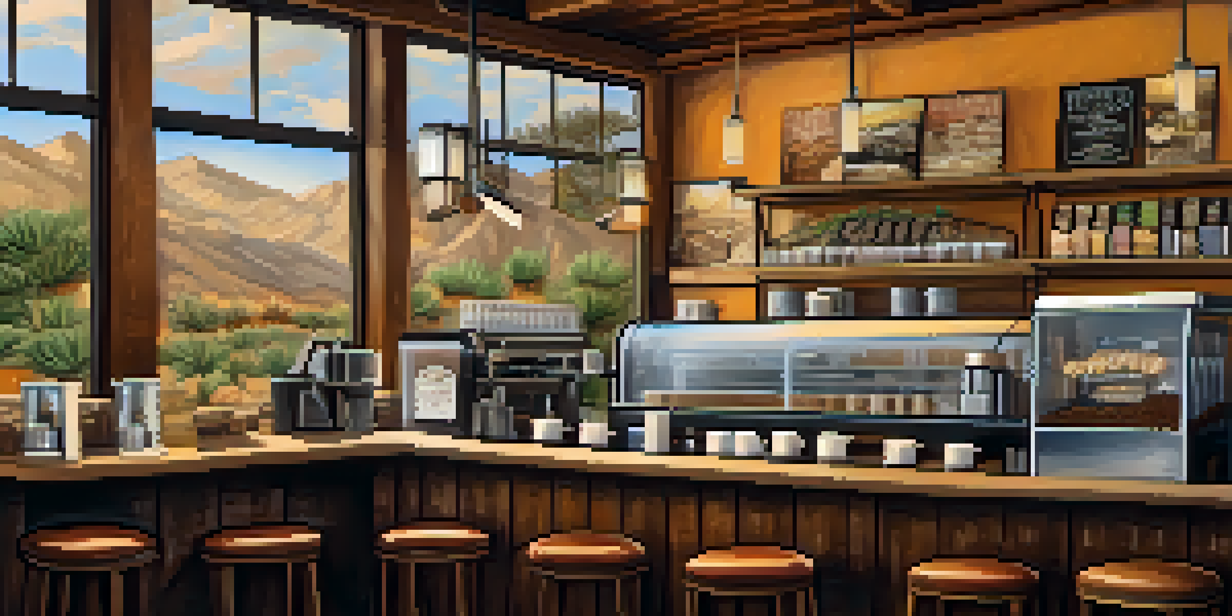 Interior of a cozy artisan coffee shop with wooden tables and local artwork, showcasing a barista pouring latte art.