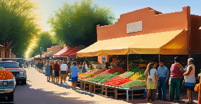 A bustling market in Tucson with colorful stalls, fresh produce, and people interacting, all set against a sunset background.