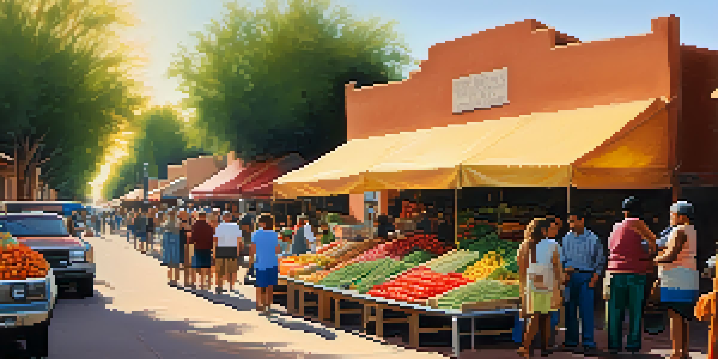 A bustling market in Tucson with colorful stalls, fresh produce, and people interacting, all set against a sunset background.