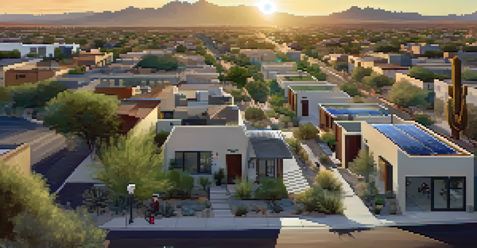 An aerial view of a sustainable neighborhood in Tucson with solar panels, bike lanes, and green spaces, under a sunset sky.