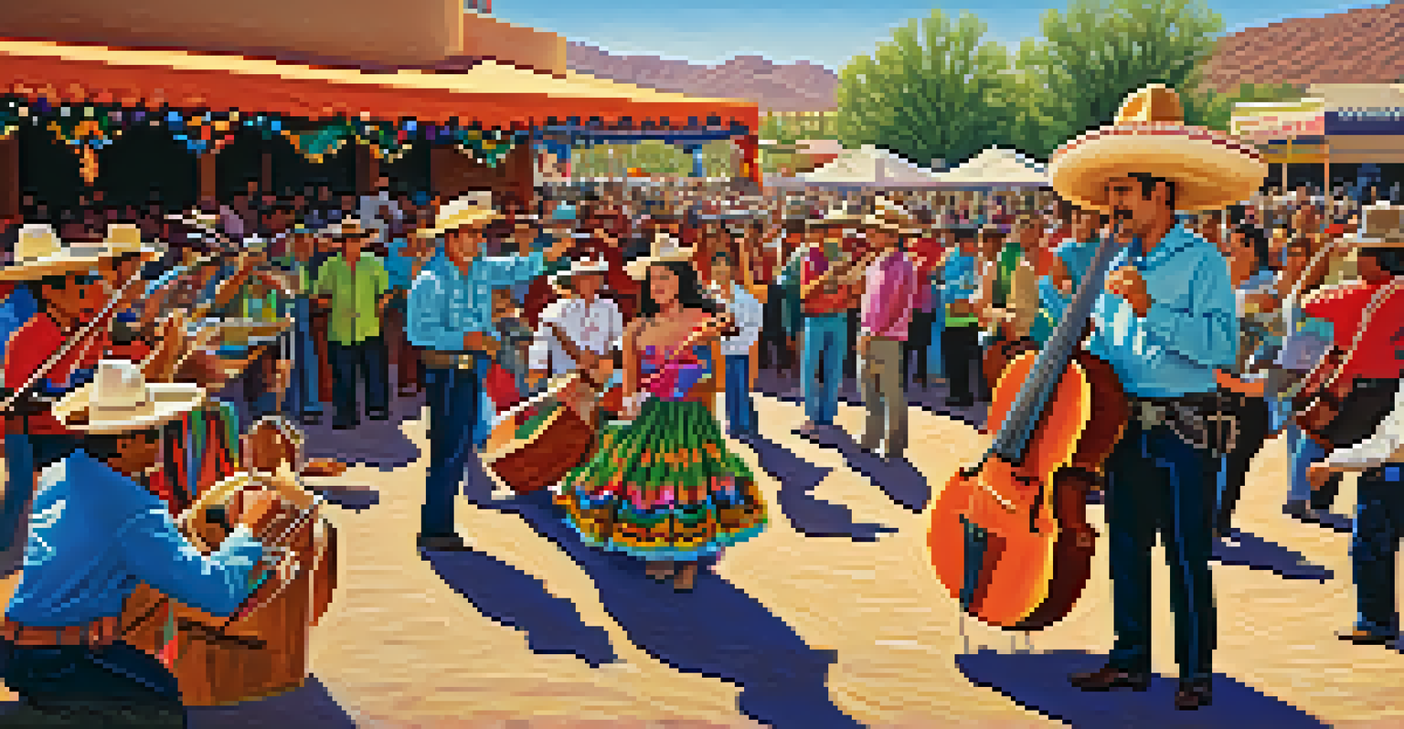 A busy music festival in Tucson featuring a Norteño band, with a diverse crowd dancing and enjoying the celebration.