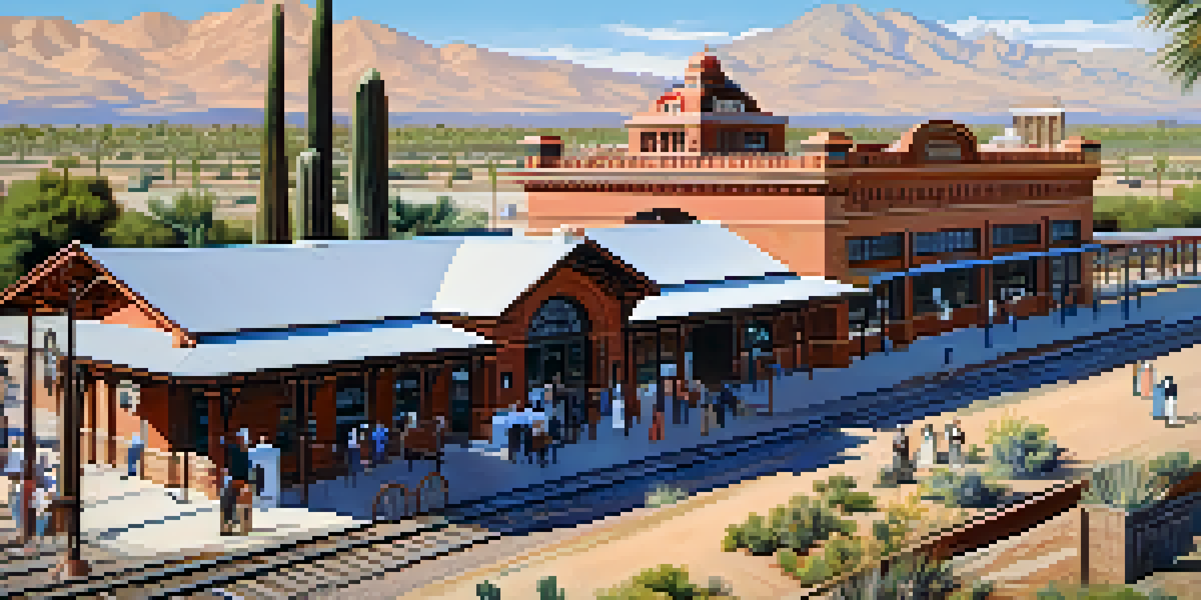 A historic train station in Tucson with a steam train and people in vintage clothing, surrounded by desert plants.
