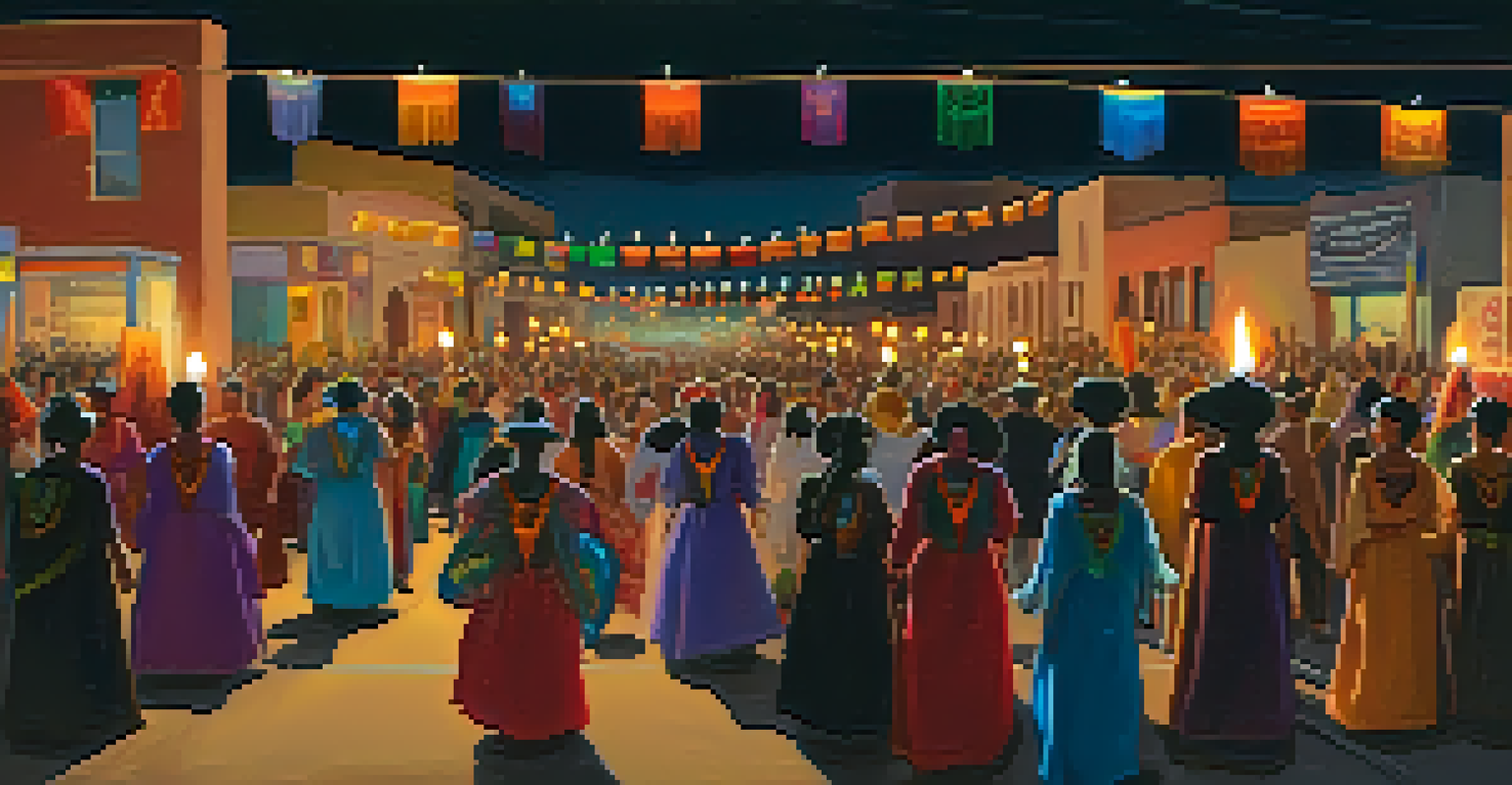 A candlelit procession during the All Souls Procession in Tucson, with participants in traditional attire and colorful banners, creating a solemn yet festive atmosphere.