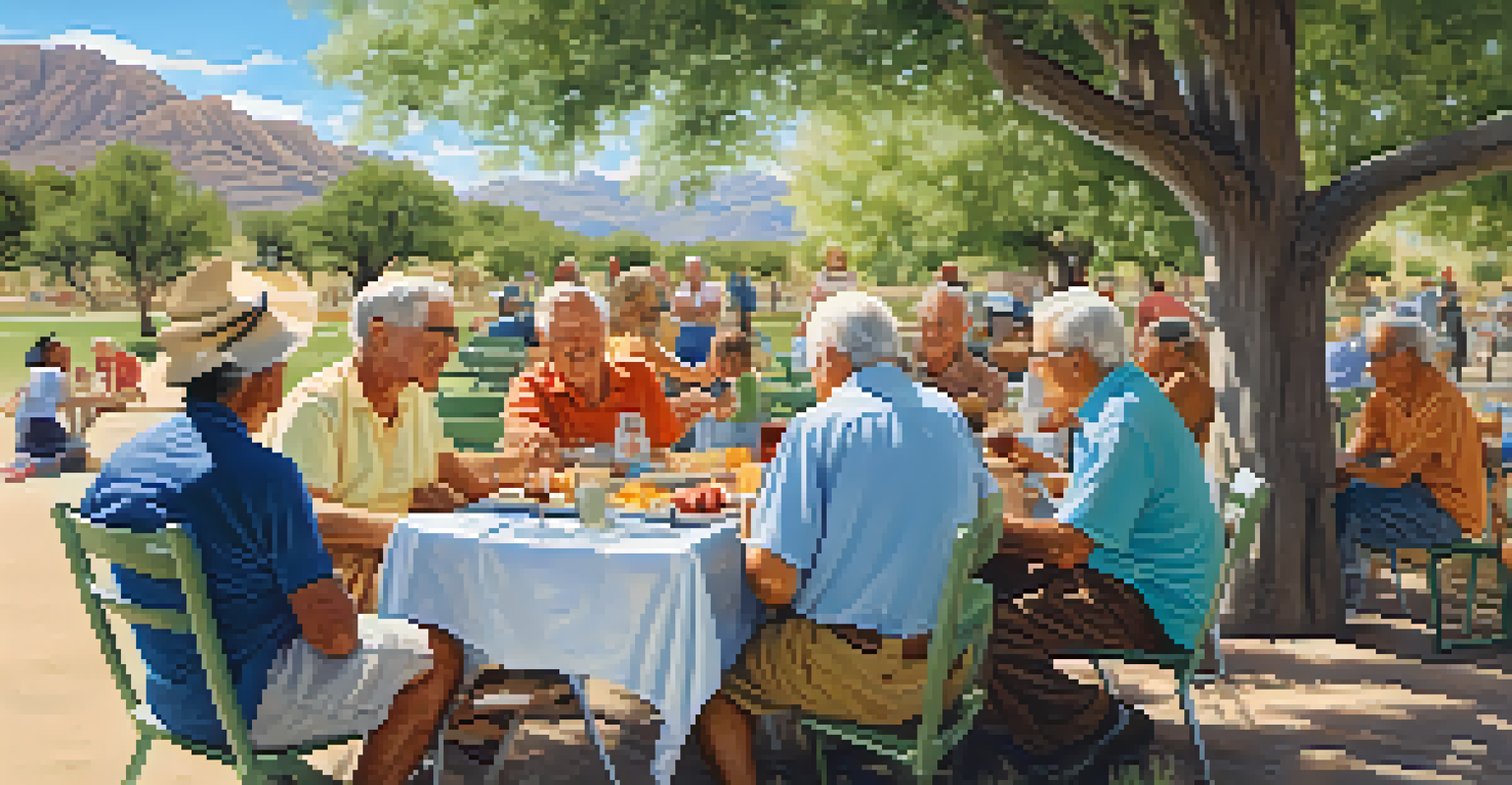 A group of seniors gathered in a park, sharing food and stories under the shade of trees with mountains in the background.