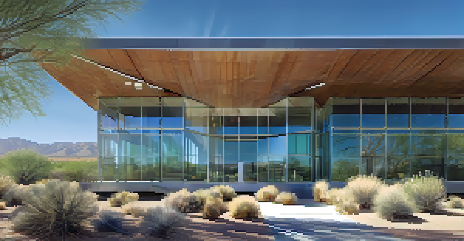 Exterior view of the UA Bio5 Institute in Tucson, highlighting its eco-friendly design and solar panels.