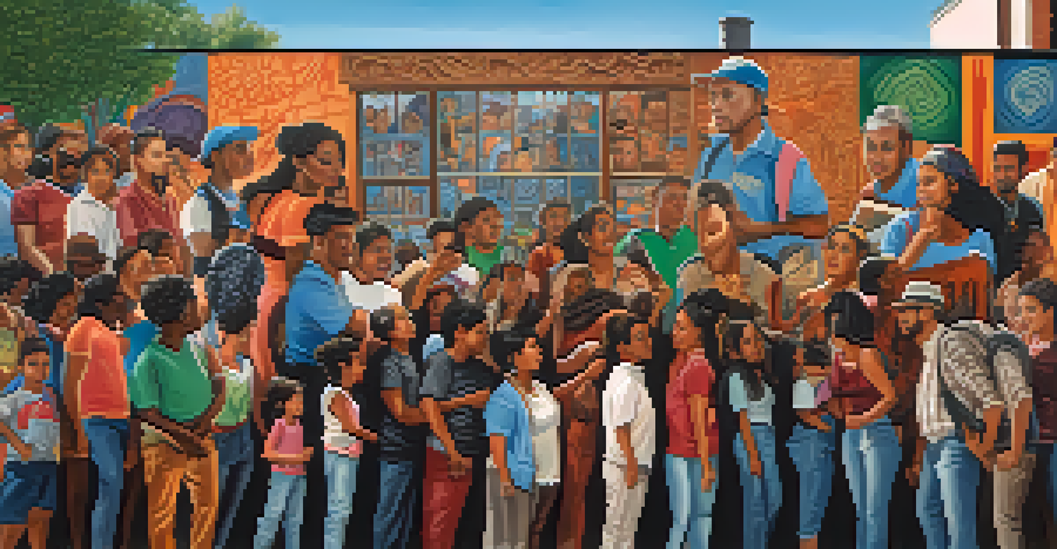 A mural representing the immigrant experience, showcasing diverse faces and symbols of unity, with artists collaborating in the background.