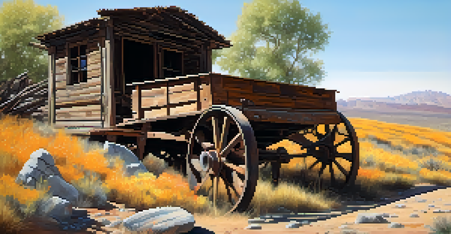 An old rusted mining cart surrounded by rocks and wildflowers in a ghost town.