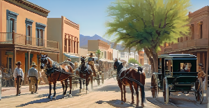 A historic street scene in Tucson featuring horse-drawn carriages and adobe buildings, capturing the essence of the late 19th century.